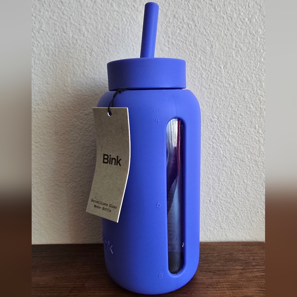 Bink Blue Glass Water Bottle with Straw